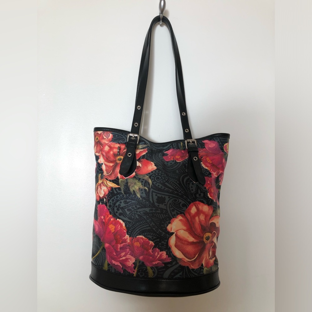 Floral Tote Bag - Black and pink/red